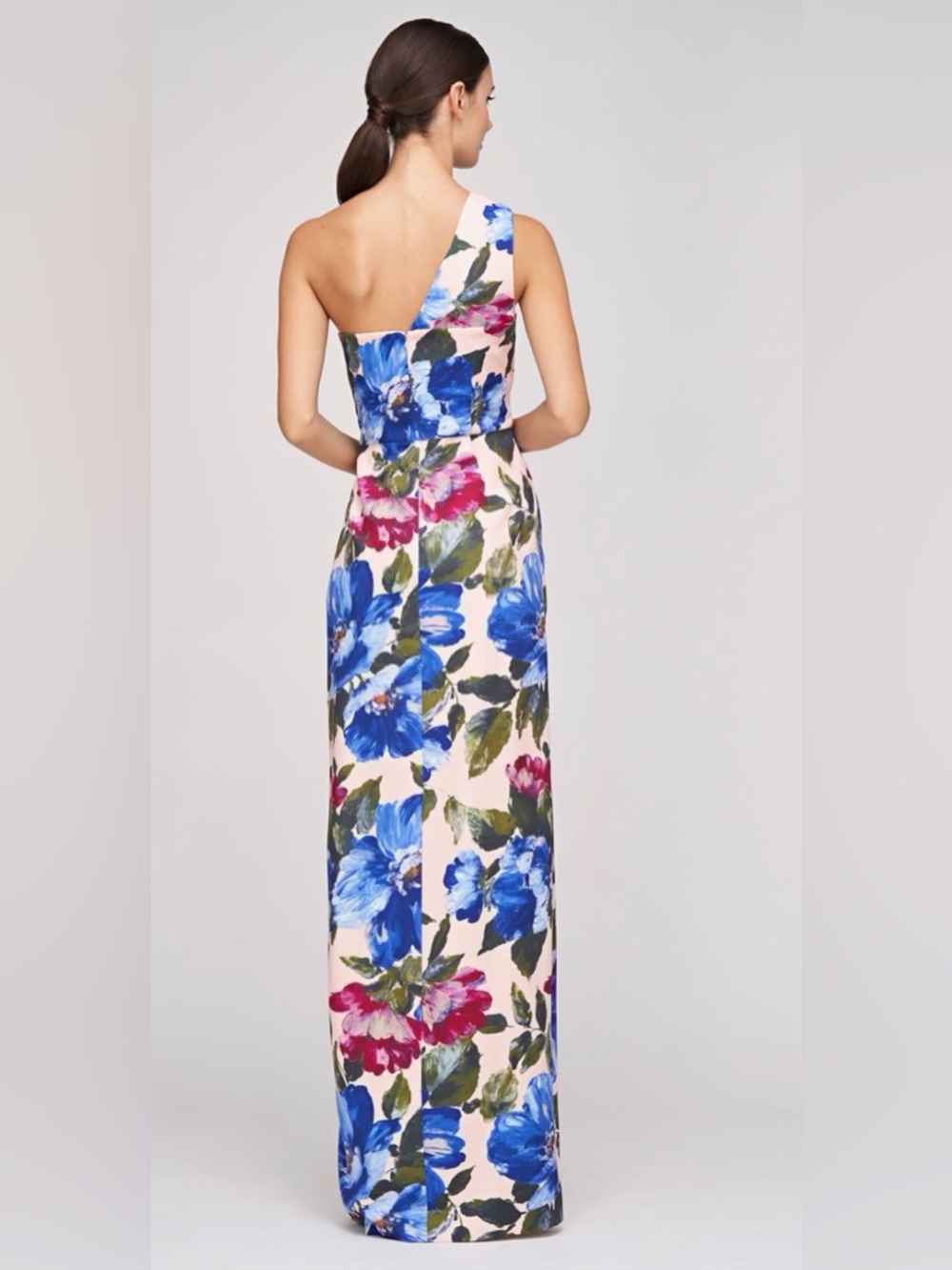 Kay Unger One-Shoulder Pink Dress with Blue Floral Print - Picture 7 of 14